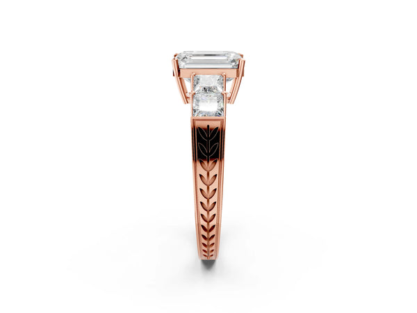 Rose gold Emerald Solitaire Princess Side Stone Engraved Band Prong Setting Ring
