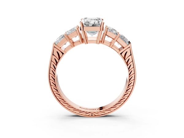 Rose gold Emerald Solitaire Princess Side Stone Engraved Band Prong Setting Ring