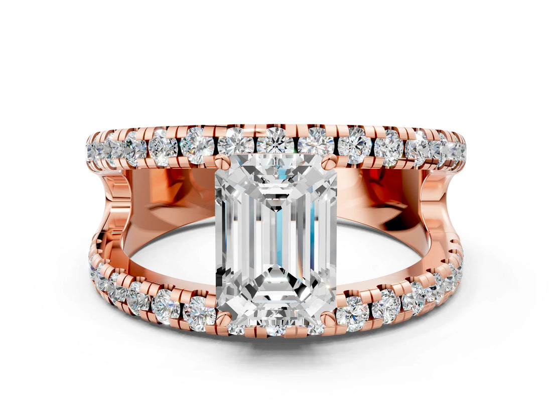 Rose gold Emerald Solitaire Split Shank Pave Diamond Ring_49
