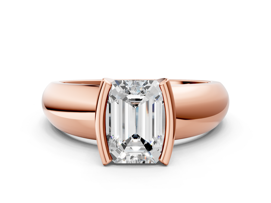 Rose gold Emerald Solitaire Tension Set Diamond Ring with Wide Band