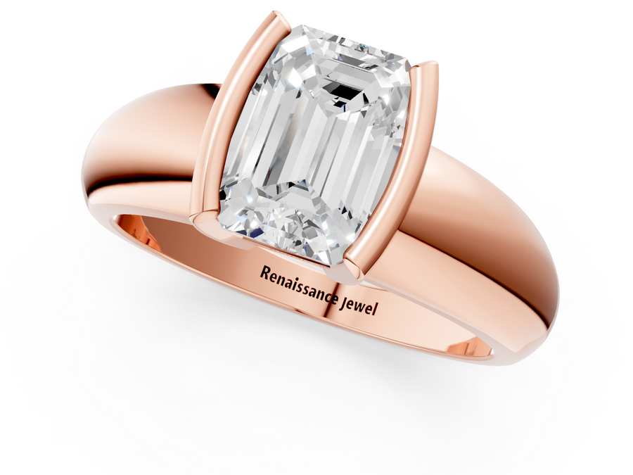 Rose gold Emerald Solitaire Tension Set Diamond Ring with Wide Band