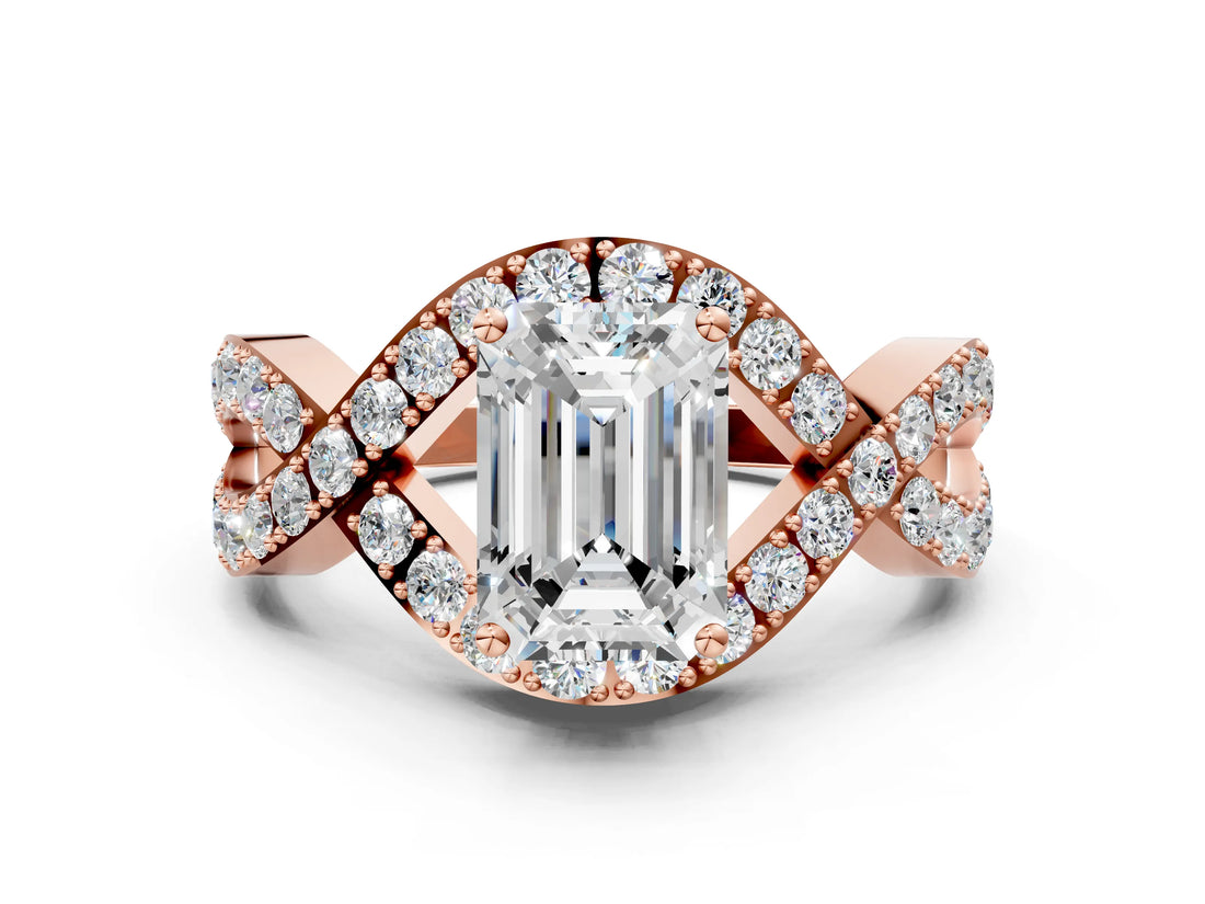 Rose gold Emerald Solitaire Twist Band Pavé Diamond Engagement Ring_32