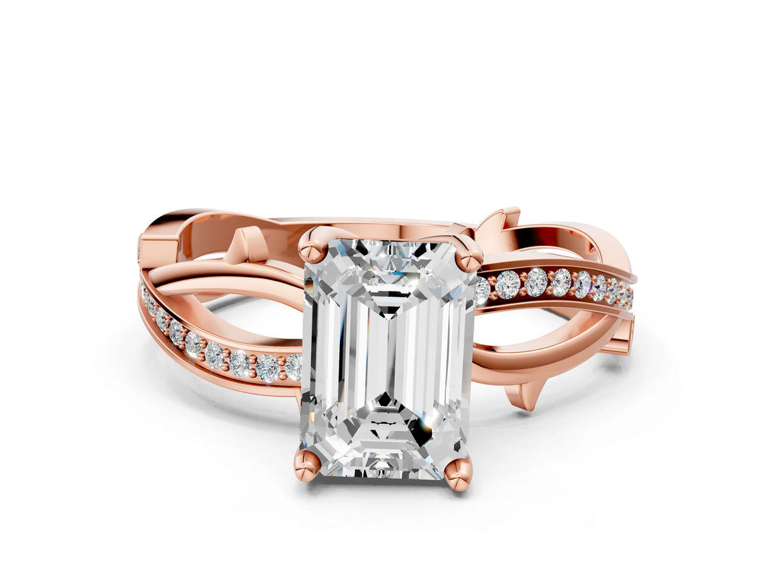 Rose gold Emerald Solitaire Twist Band with Pavé Accents and Four-Prong Setting_20