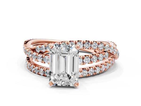 Rose gold Emerald Solitaire Twist Band with Pavé Setting and Four-Prong Setting