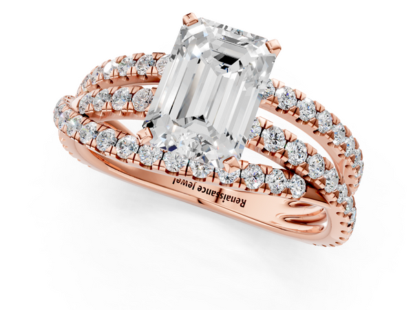 Rose gold Emerald Solitaire Twist Band with Pavé Setting and Four-Prong Setting