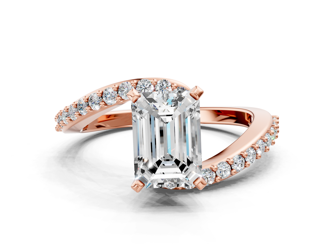 Rose gold Emerald Solitaire Twist Band with Pave Set Diamonds and Four-Prong Setting_124