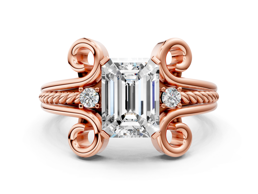 Rose gold Emerald Solitaire Twisted Band Scroll Prong Ring_3