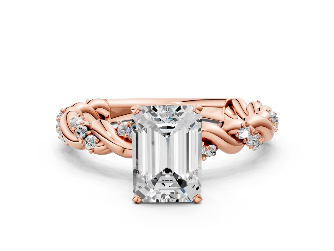 Rose gold Emerald Solitaire Twisted Band with Pavé Accents and Four-Prong Setting_17
