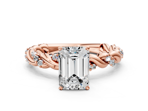 Rose Gold Emerald Cut Solitaire Engagement Ring Setting with Rope Twist Band and Dotted Accents