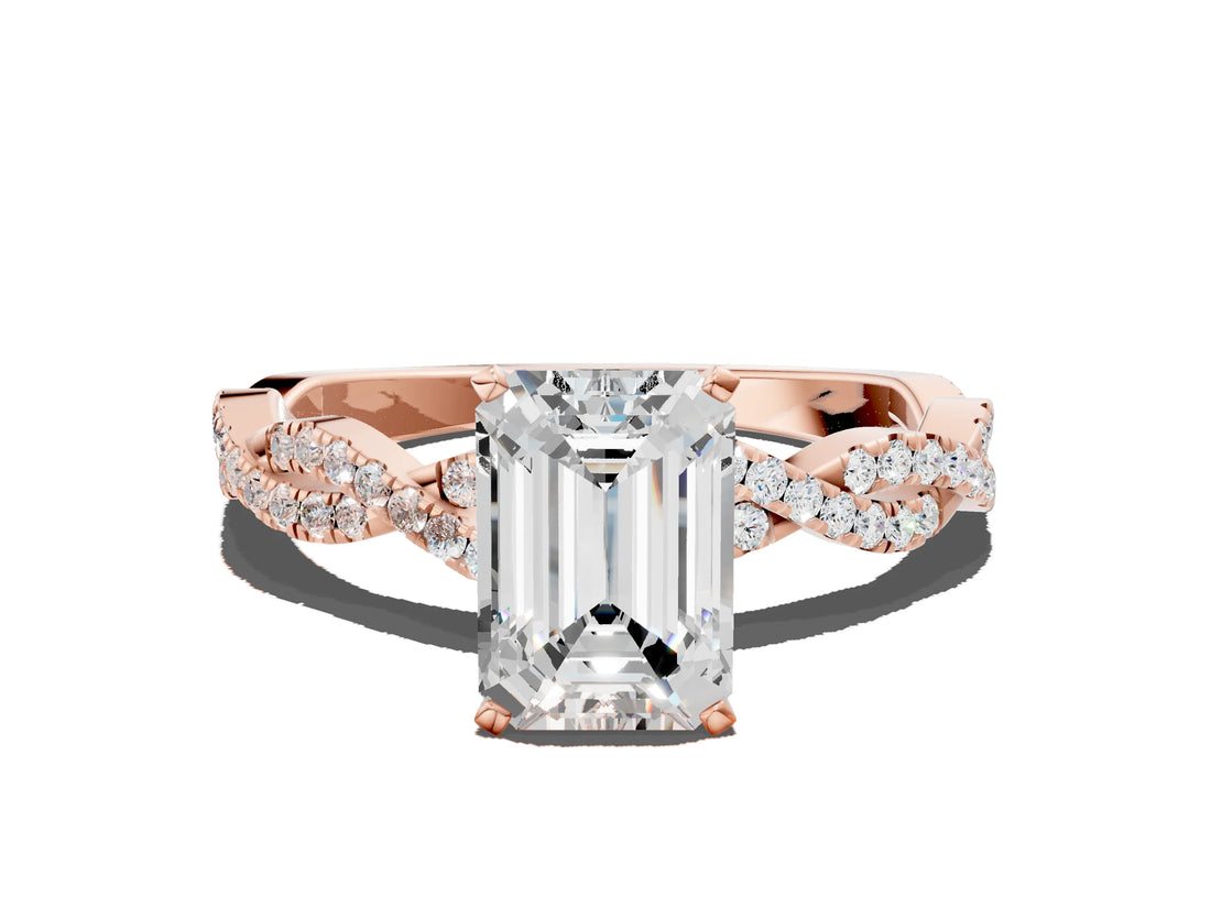 Rose gold Emerald Solitaire Twisted Pave Band with Four-Prong Setting_17