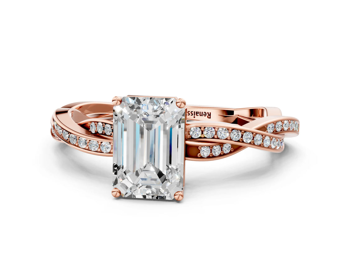 Rose gold Emerald Solitaire Twisted Pave Diamond Ring with Four-Prong Setting_105