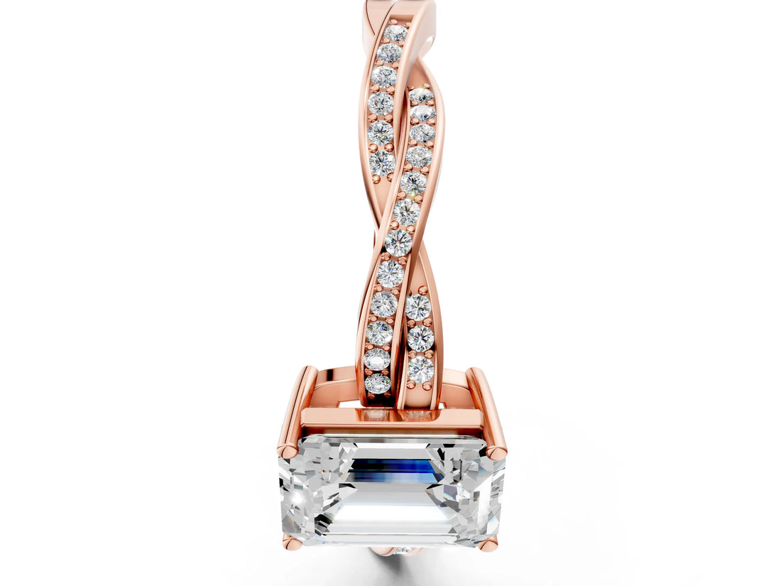 Rose gold Emerald Solitaire Twisted Pave Diamond Ring with Four-Prong Setting_22