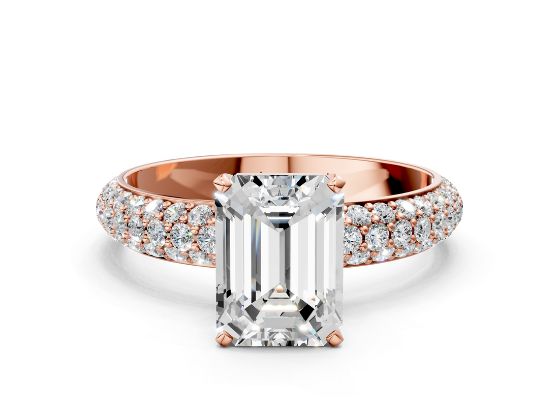 Rose gold Emerald Solitaire with Pave Band and Four-Prong Setting_18
