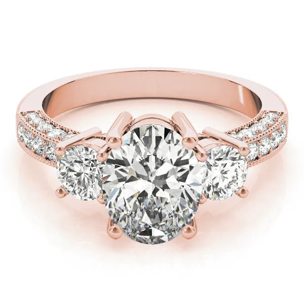 Rose gold Emerald Three-Stone Diamond Ring with Pavé Band and Four-Prong Setting