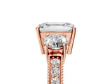 Rose gold Emerald Three-Stone Diamond Ring with Pavé Band and Four-Prong Setting_11