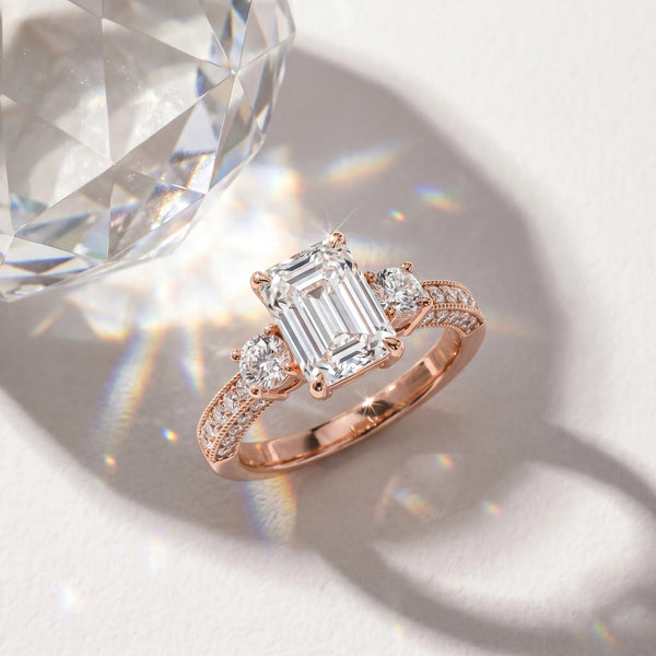 Rose gold Emerald Three-Stone Diamond Ring with Pavé Band and Four-Prong Setting