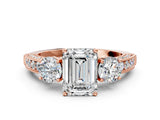 Rose gold Emerald Three-Stone Diamond Ring with Pavé Band and Four-Prong Setting_6