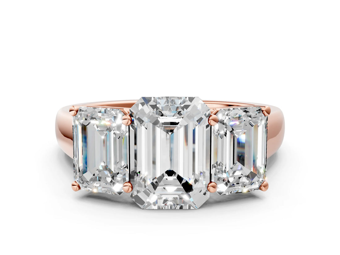 Rose gold Emerald Three-Stone Diamond Ring with Prong Setting on a Classic Band_15