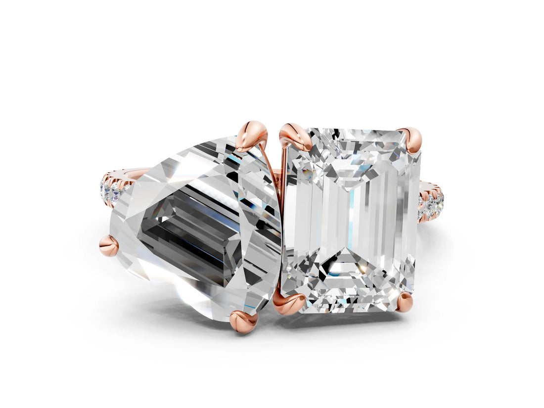Rose gold Emerald and Heart Toi Moi Ring with Prong Setting and Micro Pave Band