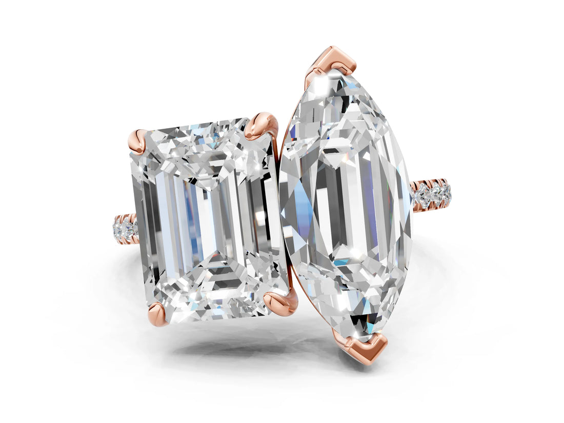 Rose gold Emerald and Marquise Toi Moi Ring with Prong Setting and Micro Pave Band