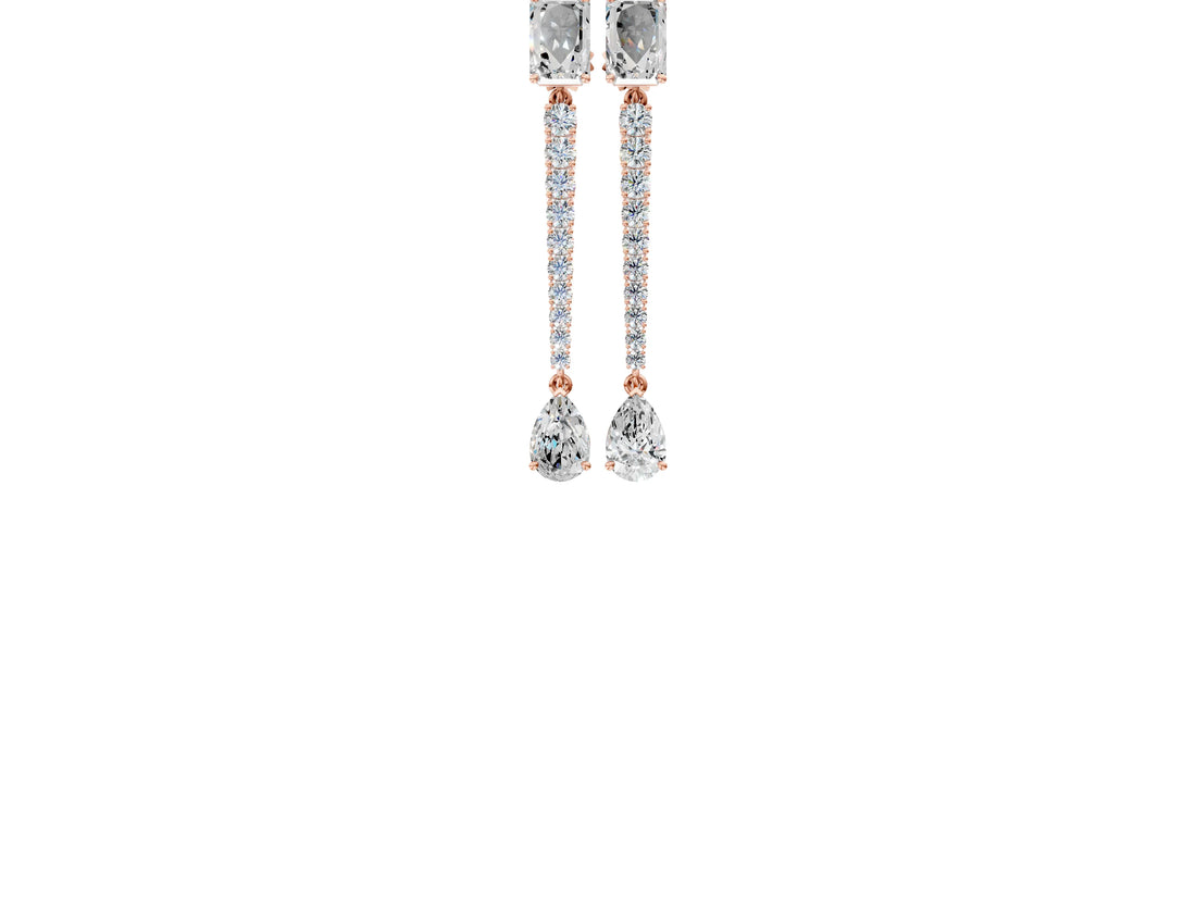 Rose gold Emerald and Pear Diamond Linear Earrings with Round Lab Grown Diamond Accents_16