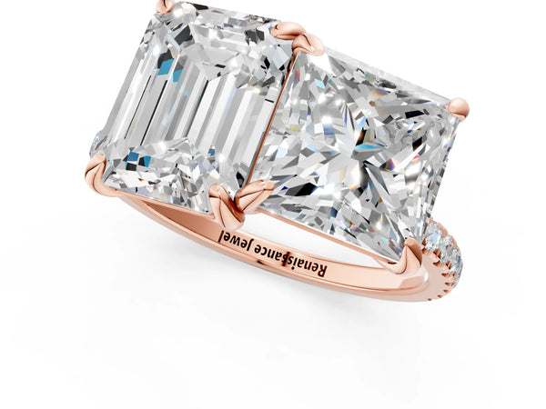 Rose gold Emerald and Princess Toi Moi Ring with Prong Setting and Pave Band