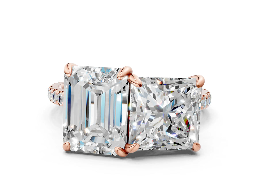 Rose gold Emerald and Princess Toi Moi Ring with Prong Setting and Pave Band