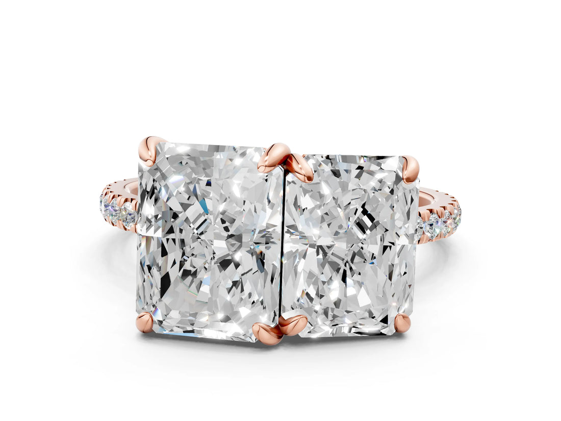 Rose gold Emerald and Radiant Toi Moi Ring with Prong Setting and Pave Band