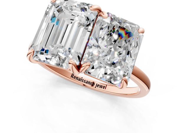 Rose gold Emerald and Radiant Toi Moi Ring with Prong Setting and Plain Band
