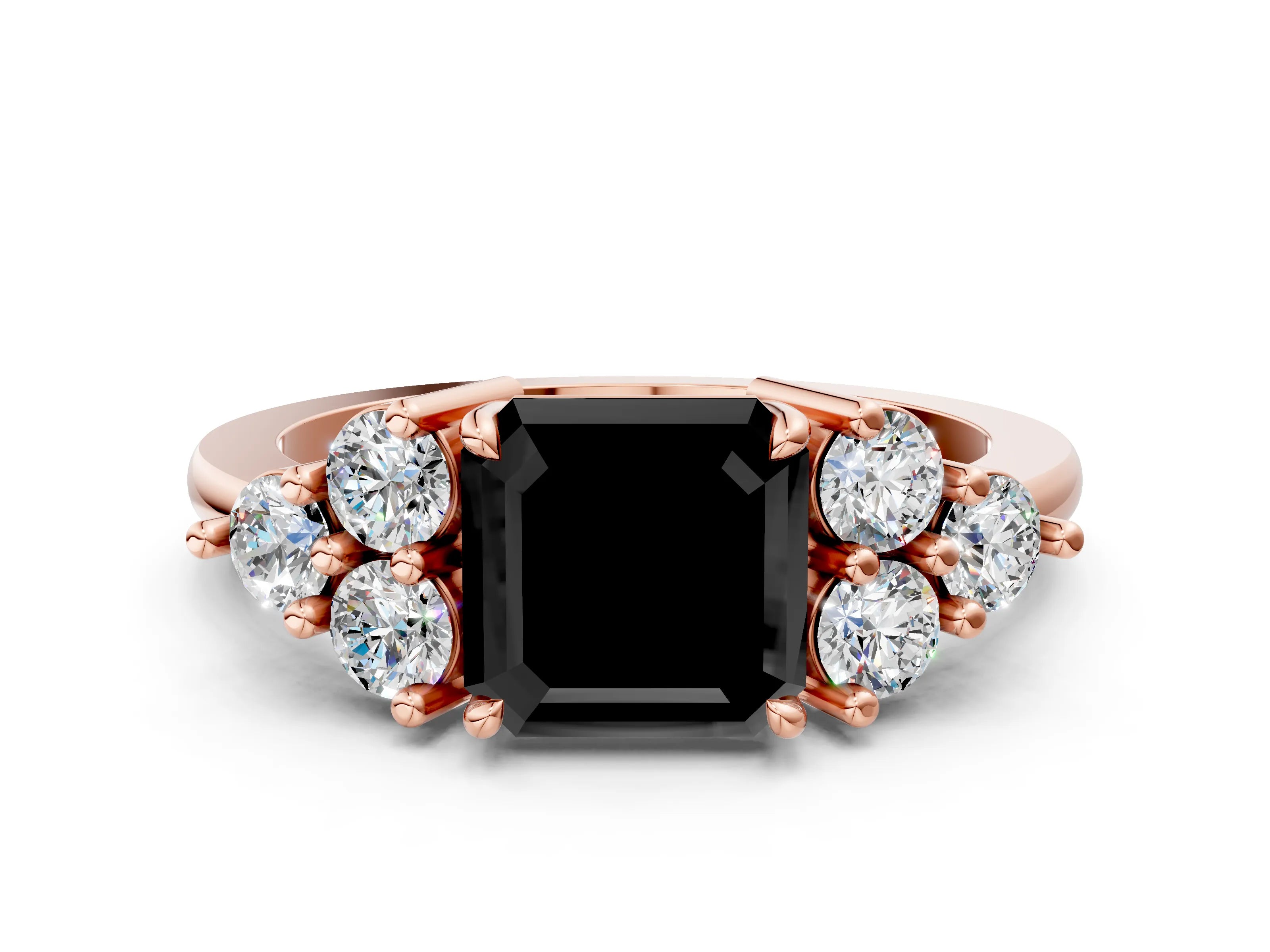 Rose gold Fancy Black Asscher Cut Brilliant Diamond Cluster Accent Solitaire Ring with Prong Setting