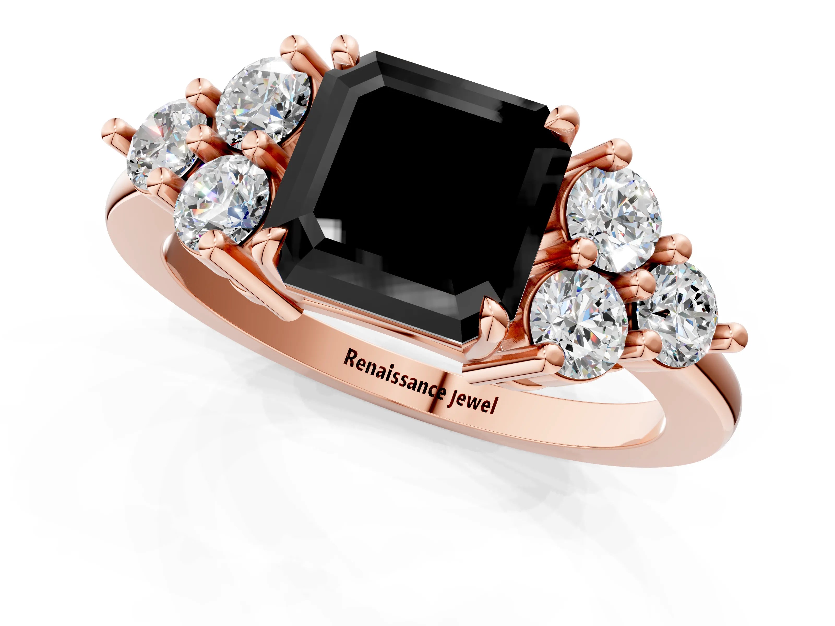 Rose gold Fancy Black Asscher Cut Brilliant Diamond Cluster Accent Solitaire Ring with Prong Setting_1