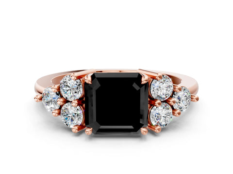 Rose gold Fancy Black Asscher Cut Brilliant Diamond Cluster Accent Solitaire Ring with Prong Setting