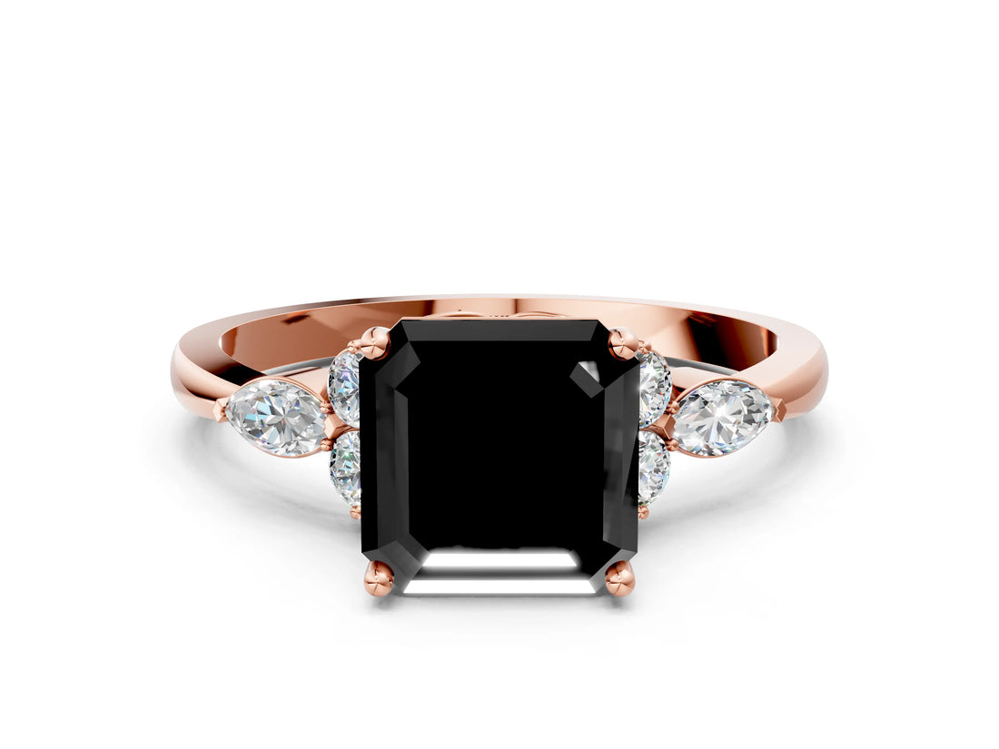 Rose gold Fancy Black Asscher Cut Brilliant Diamond Solitaire Ring with Pear Side Stones and Four-Prong Setting_3