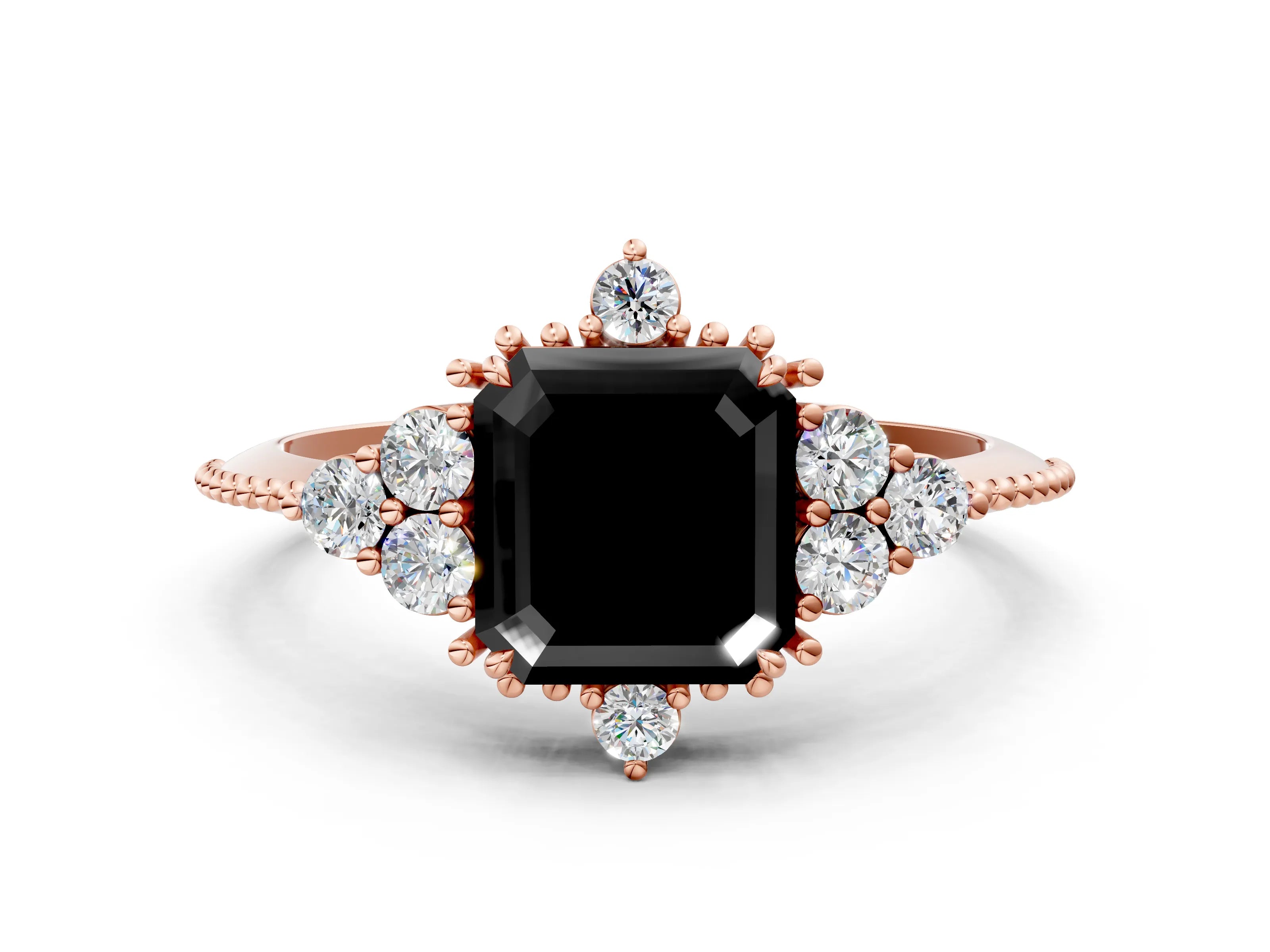 Rose gold Fancy Black Asscher Cut Brilliant Diamond with Cluster Setting on a Beaded Band and Four-Prong Setting