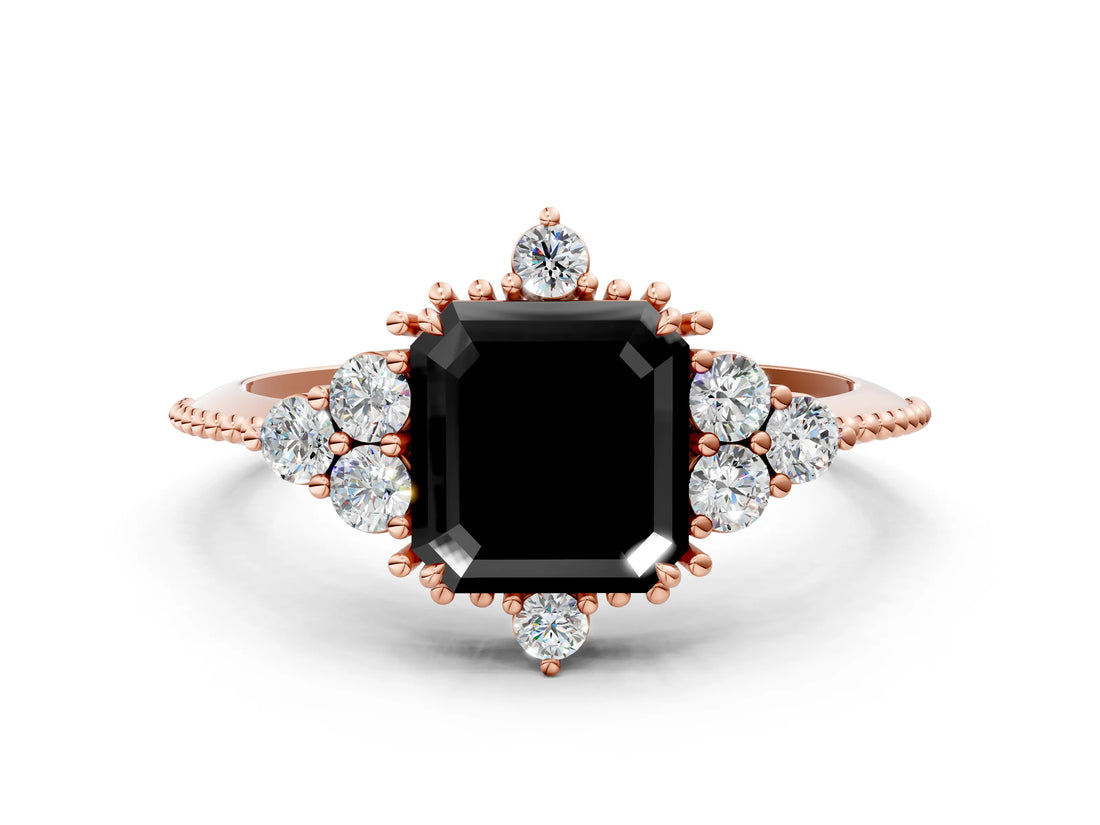 Rose gold Fancy Black Asscher Cut Brilliant Diamond with Cluster Setting on a Beaded Band and Four-Prong Setting