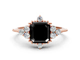 Rose gold Fancy Black Asscher Cut Brilliant Diamond with Cluster Setting on a Beaded Band and Four-Prong Setting