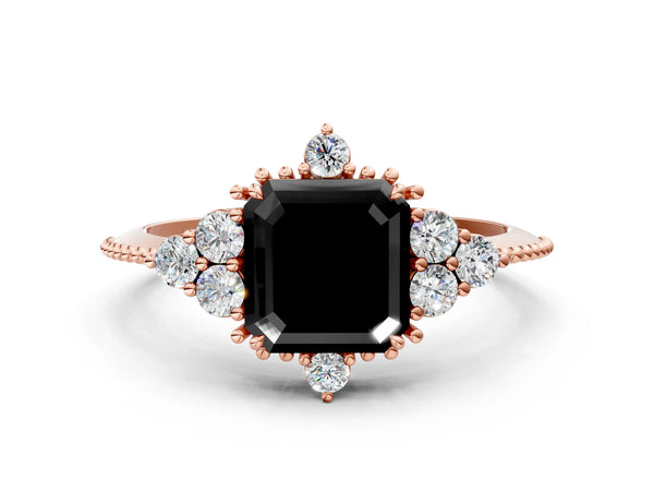 Rose Gold Asscher Cut Vintage Cluster Engagement Ring Setting for Black Center with Beaded Band