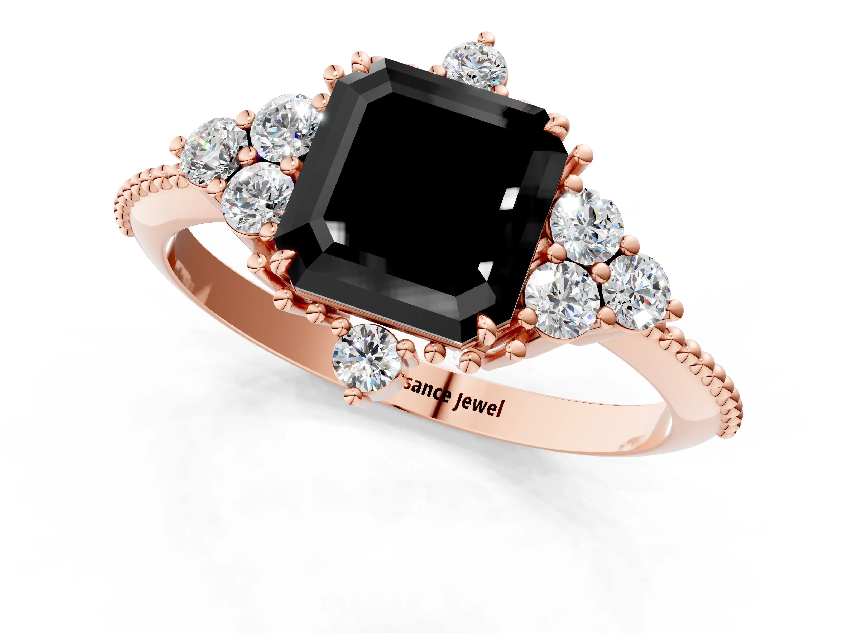 Rose gold Fancy Black Asscher Cut Brilliant Diamond with Cluster Setting on a Beaded Band and Four-Prong Setting_1