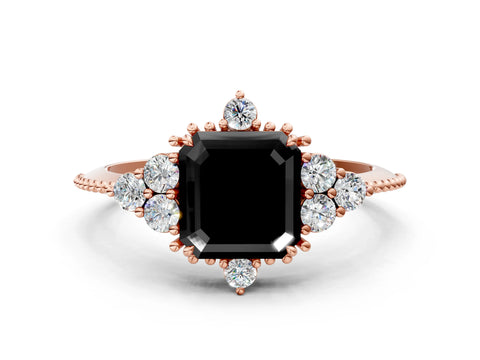 Rose gold Fancy Black Asscher Cut Brilliant Diamond with Cluster Setting on a Beaded Band and Four-Prong Setting