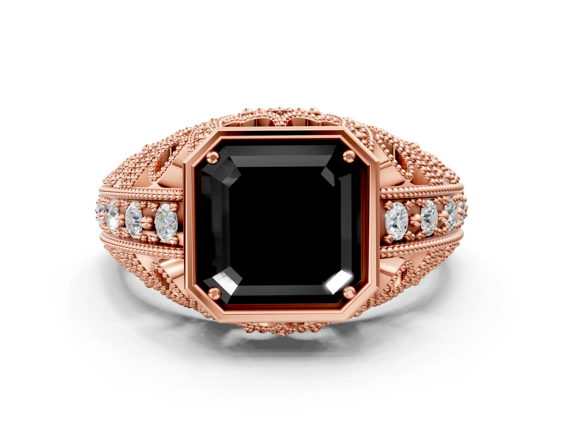 Rose gold Fancy Black Asscher Cut Brilliant Milgrain Filigree Diamond Ring with Square Prong Setting