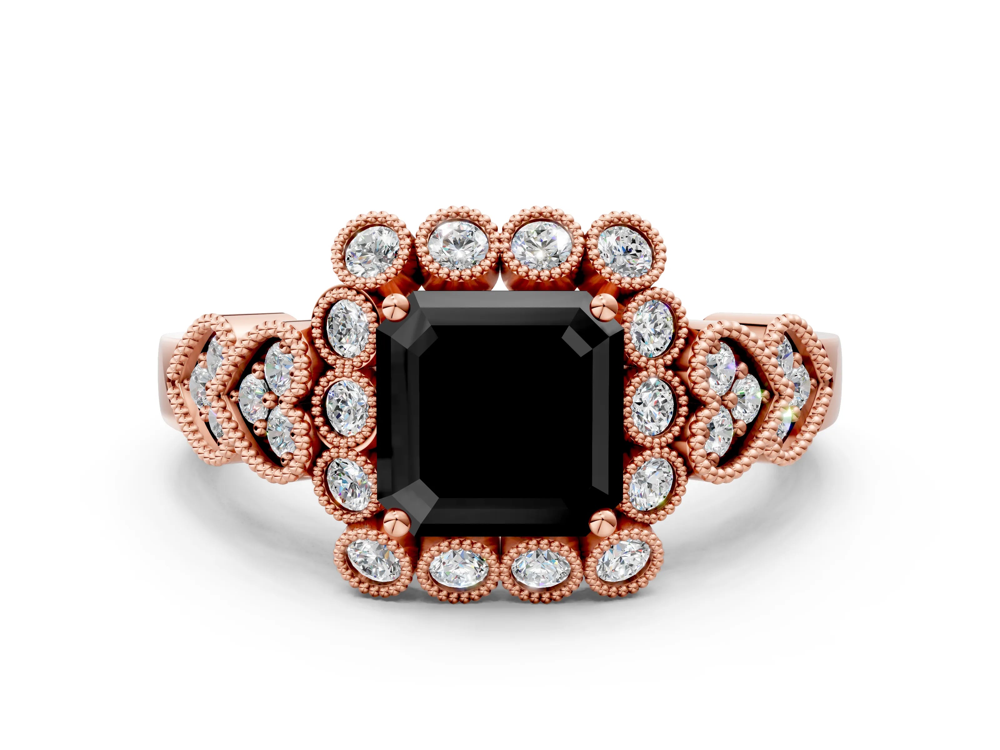 Rose gold Fancy Black Asscher Cut Brilliant Milgrain Pave Heart Band Solitaire Ring