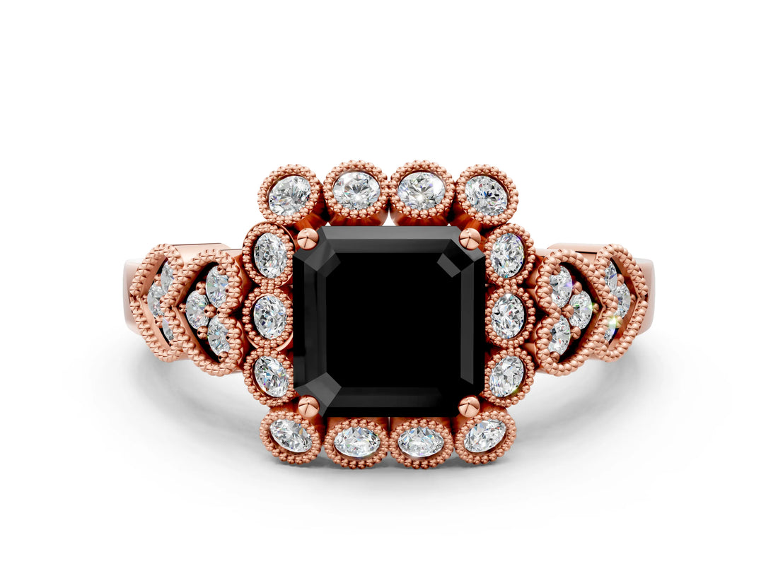 Rose gold Fancy Black Asscher Cut Brilliant Milgrain Pave Heart Band Solitaire Ring