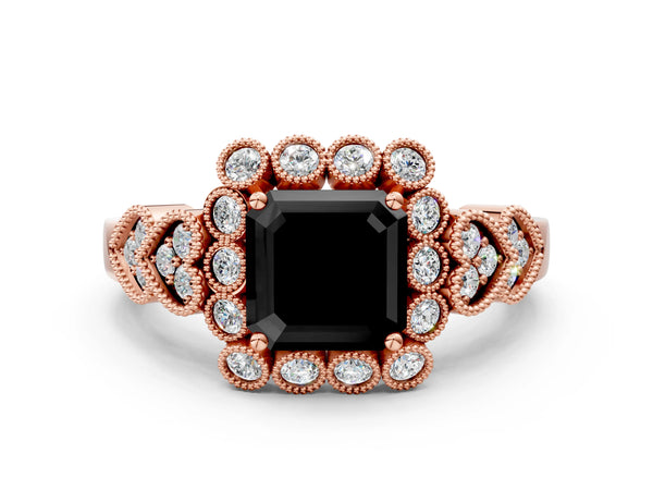 Rose Gold Asscher Cut Scalloped Milgrain Halo Engagement Ring Setting for Black Center