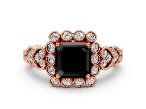 Rose gold Fancy Black Asscher Cut Brilliant Milgrain Pave Heart Band Solitaire Ring