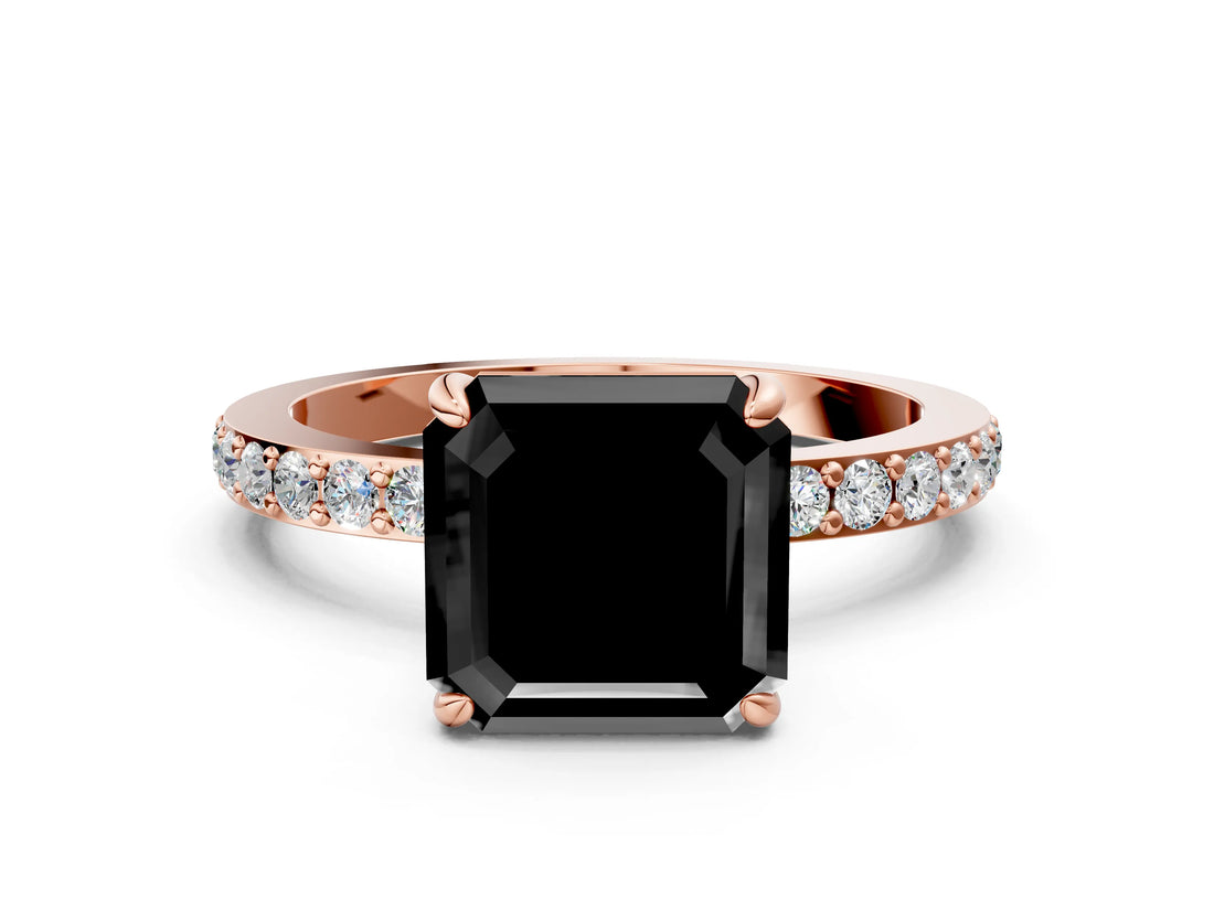Rose gold Fancy Black Asscher Cut Brilliant Pavé Band Solitaire with Four-Prong Setting
