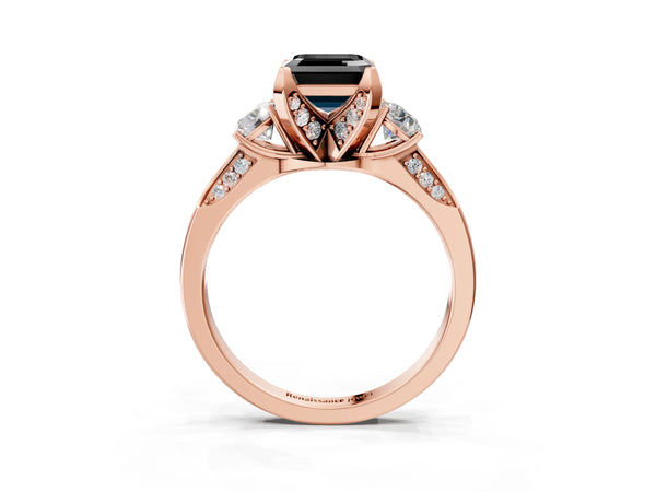 Rose Gold Asscher Cut Three Stone Hidden Halo Engagement Ring Setting for Black Center