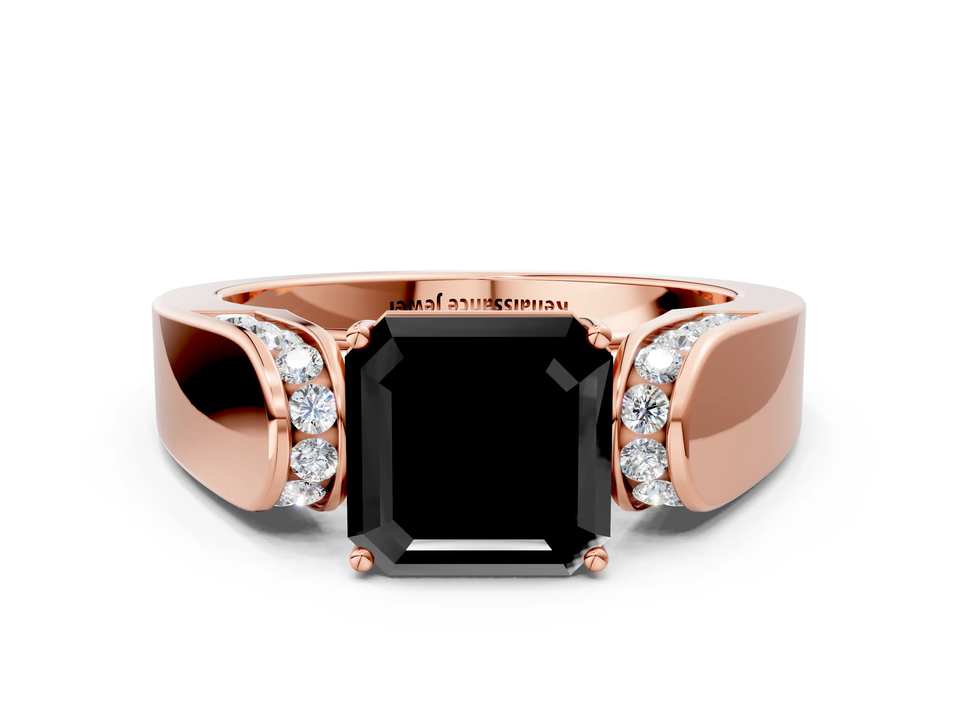 Rose gold Fancy Black Asscher Cut Cut Diamond Channel Set Solitaire Ring with Four-Prong Setting