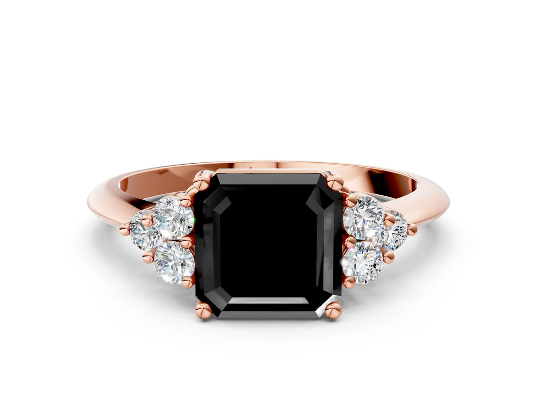 Rose gold Fancy Black Asscher Cut Cut Diamond Cluster Ring with Solitaire Band and Four-Prong Setting
