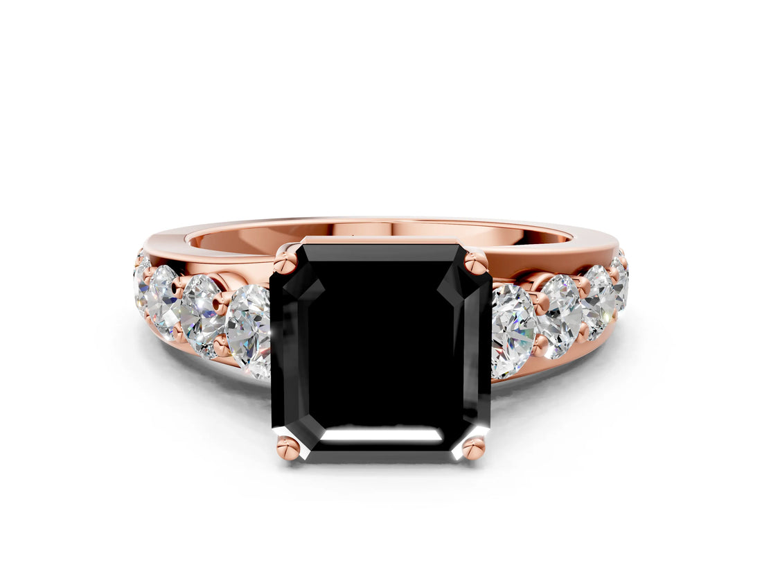 Rose gold Fancy Black Asscher Cut Cut Diamond Engagement Ring with Pavé Band and Four-Prong Setting