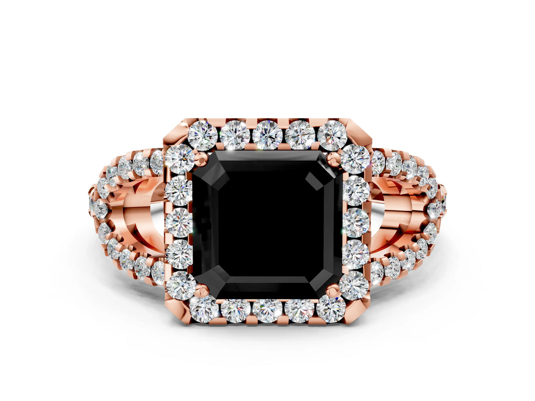 Rose gold Fancy Black Asscher Cut Cut Diamond Halo Engagement Ring with Open Split Pavé Band